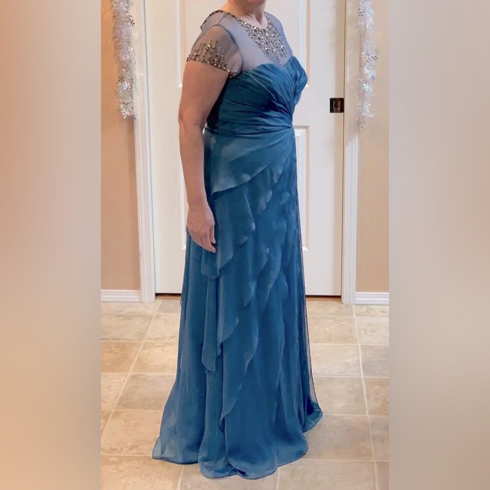 Adrianna Papell formal long gown, size 10 smoky blue with crystals.